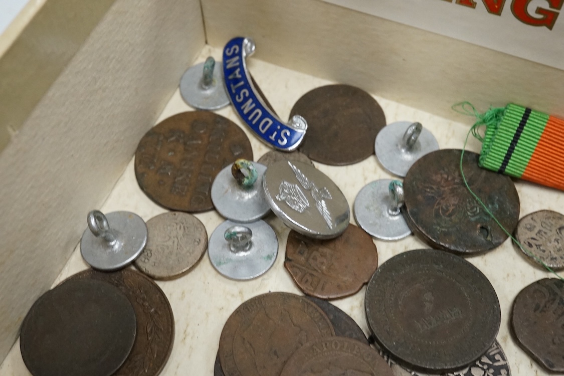 A First World War medal trio to Crl. J.E. Shelton R.E., together with a WWII 1939 to 1945 star, a British Red Cross long service medal, plus a few mainly Far Eastern and Indian coins, etc.